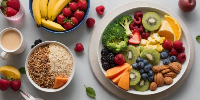 Colorful plate with various gut-friendly foods like yogurt, leafy greens, and fruits, arranged artistically.