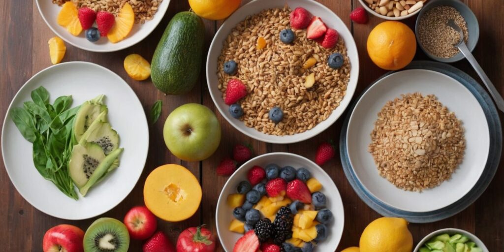 A vibrant, colorful array of gut-friendly foods, such as fruits, vegetables, and whole grains, arranged attractively on a table.