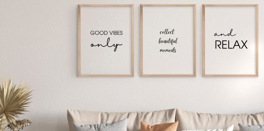 mental health quotes set of 3 on the wall in the living room above sofa